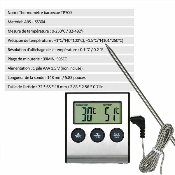 Digital LCD Grilltermometer för mat, sondsensor, mätområde -50 grader