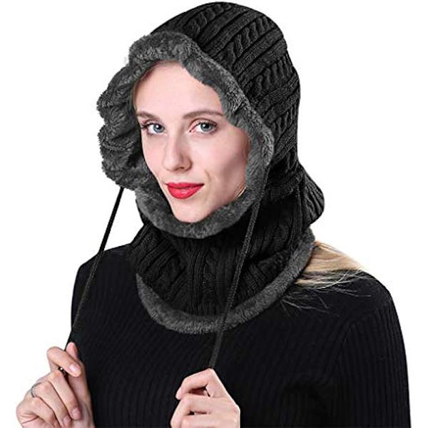 Termisk Fleece Strikket Balaclava Hue 2 i 1 Hætte Halstørklæde Hat W