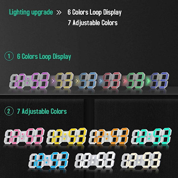 3D LED-väggklocka 7 färger med fjärrkontroll, digital alarmklocka