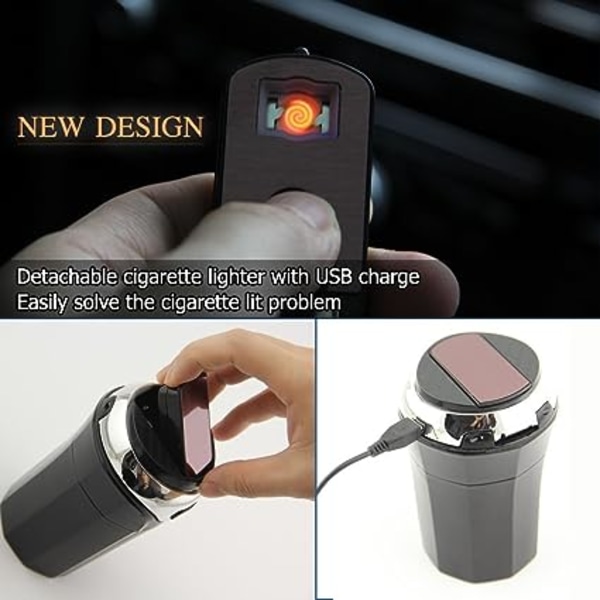 Bärbar bilaskkopp med avtagbar rökfri tändare och USB-laddning