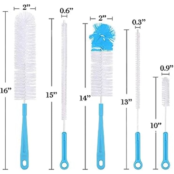（Blå）5-pack flaskrengöringsborste Multifunktionell borste set Lång Wat