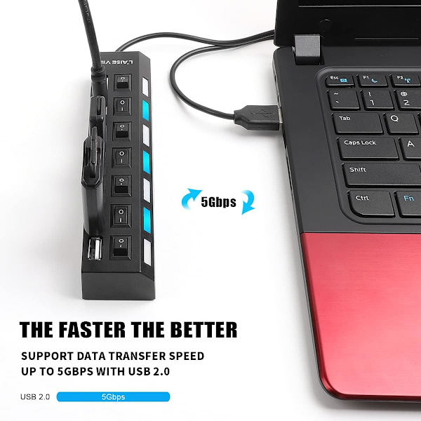 Multi-Port USB-splitter, 7-Port USB 2.0 Hub, USB A Data Hub med