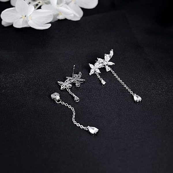 925 Sterling Sølv CZ Blomster Dangle Øreringe Kæde til Kvinder Tee