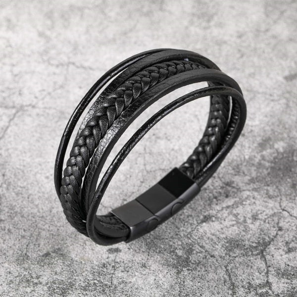 Flätad läderarmband för män Svart