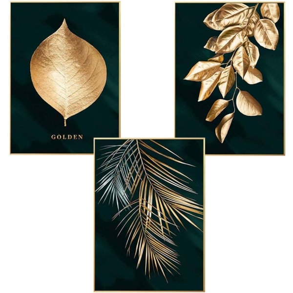 Sett med 3 designveggplakater Forest Gold Leaf Palm Tree Rammeløs