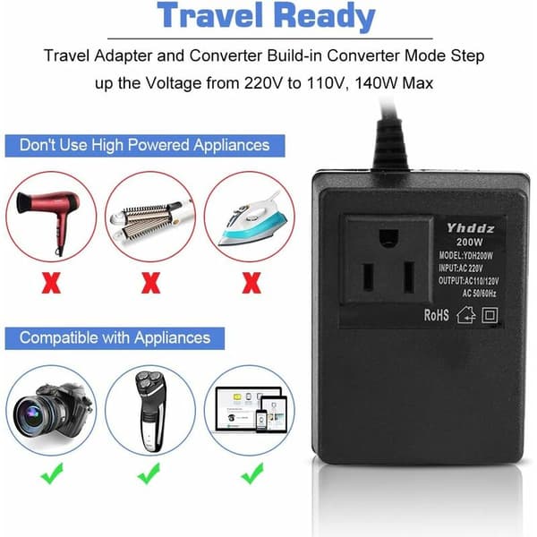 Sort 1 stk. spændingsomformer 220v til 110v rejseadapter