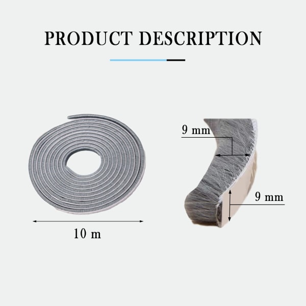 Dörrborstningstätning, 10M Borstningstätning, 9mm(B) X 9mm(D), Grå, Självhäftande