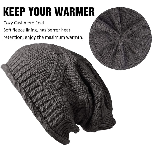 2 stk. Dame Vinterhue med Pompom, Varm Strikket Hue med Fleece
