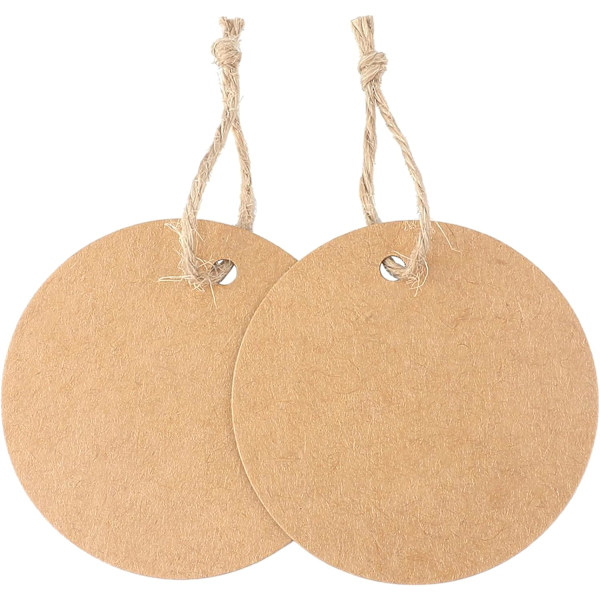 5cm runde Kraft-merkelapper, 100 stk gavemerkelapper med 100 stk jutetråd for