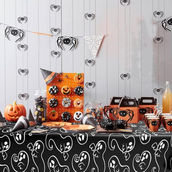 1 stk. svart plast Halloween-duk med spøkelse, stor rektangulær