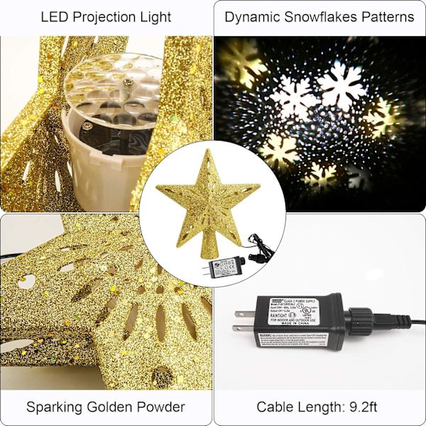(Gyllene) Ljusslinga Julgransprydnad med LED-snöflingor