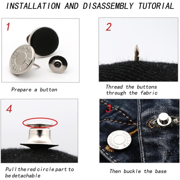 6 delar jeansknapp, 17 mm avtagbar metall DIY-knapp indragbar