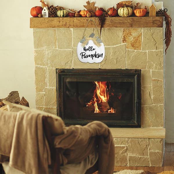 Höstdekoration för ytterdörr, träskylt med texten Hello Pumpkin