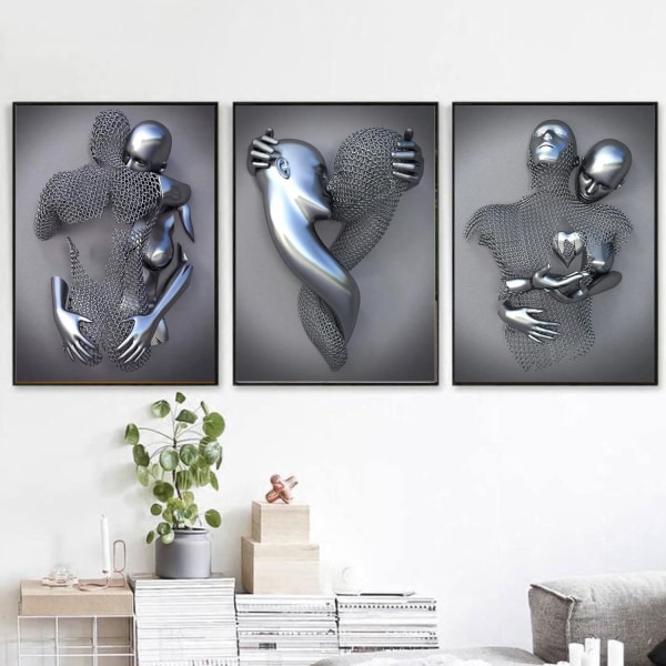 3 st silver 45x60cm ramfri väggkonst canvas tryck, metalltråd sc