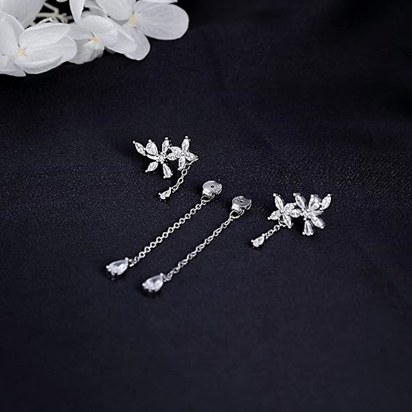 925 Sterling Sølv CZ Blomster Dangle Øreringe Kæde til Kvinder Tee