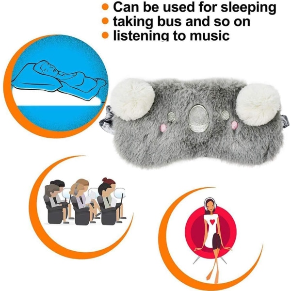 Grå ögonmask för att sova, söta roliga djur 3D Koala Soft Fluf