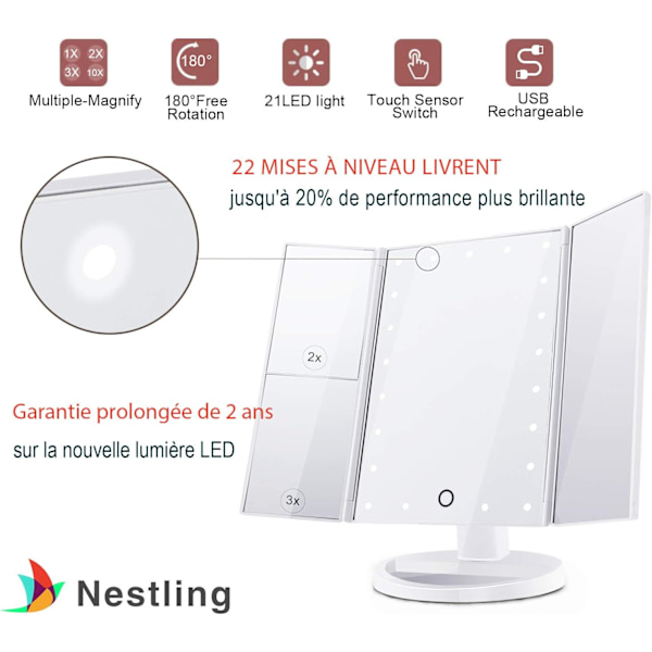 Meikkispeili, kolminkertainen suurennus 21 LED-valolla, 10X/3X/2X Lig