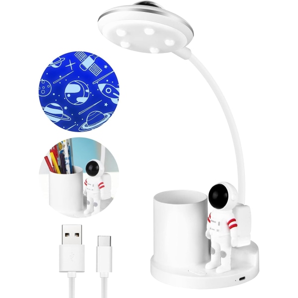 (Hvit) Bordlampe for barn Oppladbar med projeksjon, dimmende LED