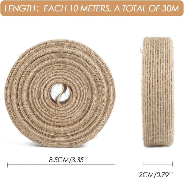 3 ruller hessianbånd, (2 cm) 30 m naturstriemelbånd i jute
