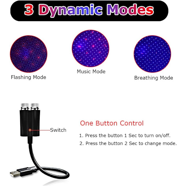 Billamp for bilinteriør, USB-omgivelseslys 3 dynamiske moduser Rom