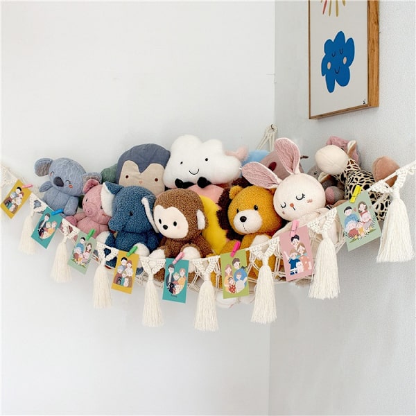 Plush-makrame-riippaverkko valolla, kulmatyynyriippaverkko, näyttöjärjestäjä