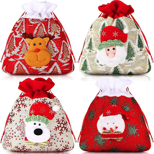 4 stk. Julegodteposer Stof Poser med Snøre Gave Giveaways f