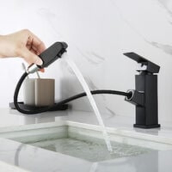Tvättställsblandare med utdragbar spray, svart badrumsblandare