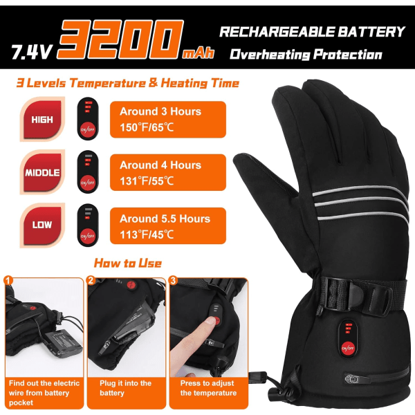 XL Uppvärmda Handskar - Uppladdningsbara 7.4V 3200mAH Batteri Elektriska Han