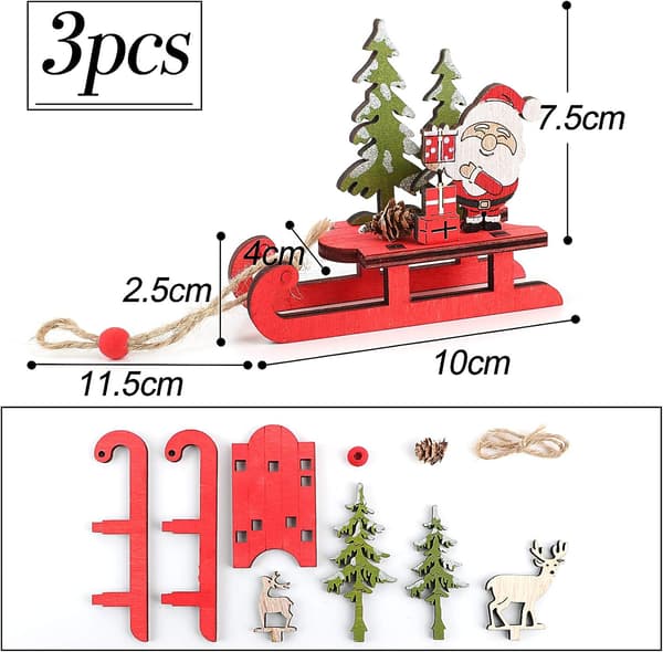 3 st träjuldekorationer jul släde, trätomte C