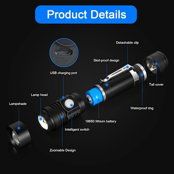 Lommelygte, 1000 lumen USB genopladelig LED lommelygte, 4