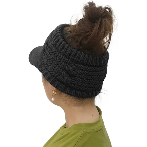 Beanie Tail Vinter Varma Stickad Messy Hög Bun Hästsvans Mössor Visor B