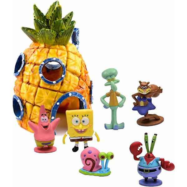 Sæt med 7 akvariedekorationer, Spongebob Squarepants akvarieindretning