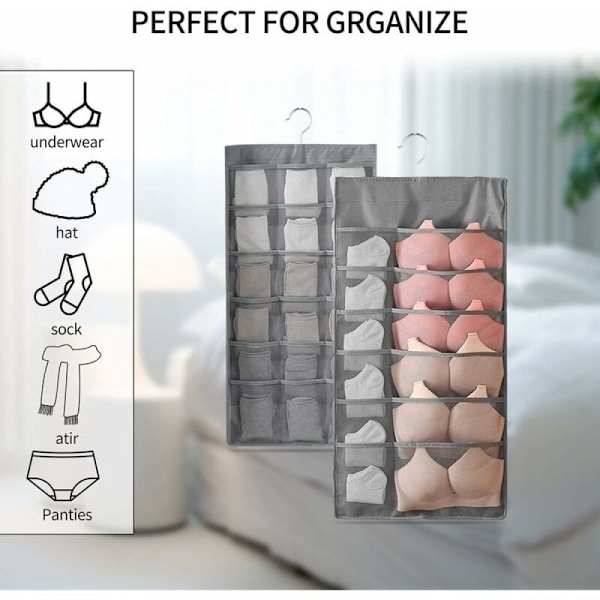 Grå 2-pakks Hengeoppbevaringspose Undertøy Organizer for Garderobe Dobbel-