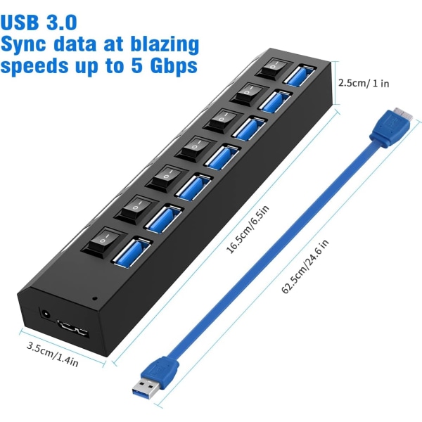 Multiport USB-splitter, 7-port USB 3.0-hub, USB A-datahub med I