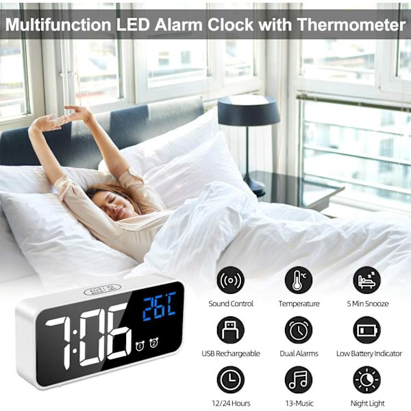 Digital väckarklocka, digital väckarklocka morgon spegel LED stor