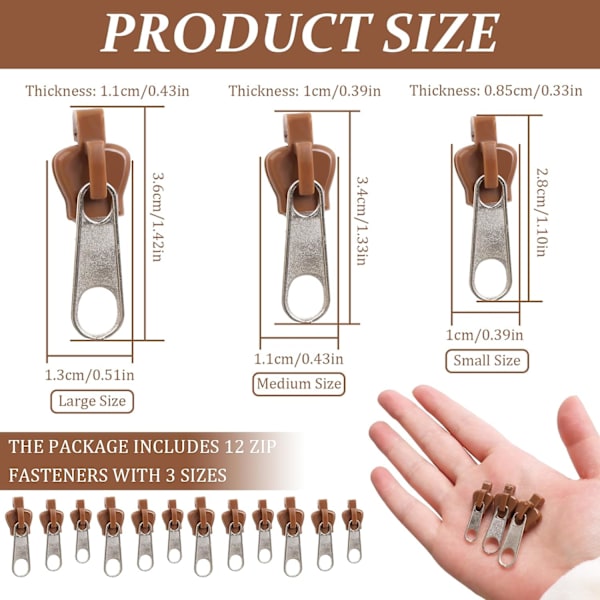 (Brun) 12 st Clip-on dragkedja Slider, punwey Instant Replacement Z