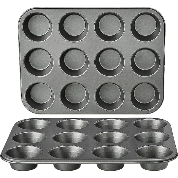 12 Hole Cake Pan, Carbon Steel Non-Stick Round Muffin Pan, Set of