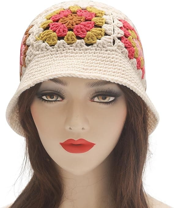 Virka blomma beige dam vinterhinkhatt mode stickad cloche