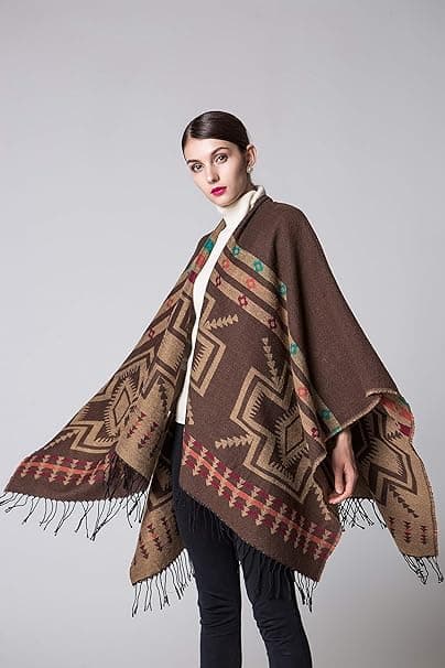Kaffe Cashmere Poncho Wrap med Blommönster och Fransade Fållar