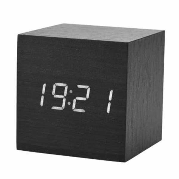 Svart 6x6x6cm, Trä Elektronisk Digital Väckarklocka, Bordsur