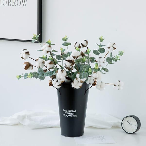 6 bomullsstengler, 54 cm bomullsblomster, 4 bomullsblomsterhoder, hver stilk, e