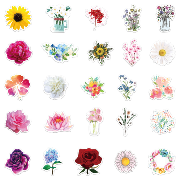 50 klistremerkepakke - blomstrende blomster grafitti-klistremerker, flerfarget