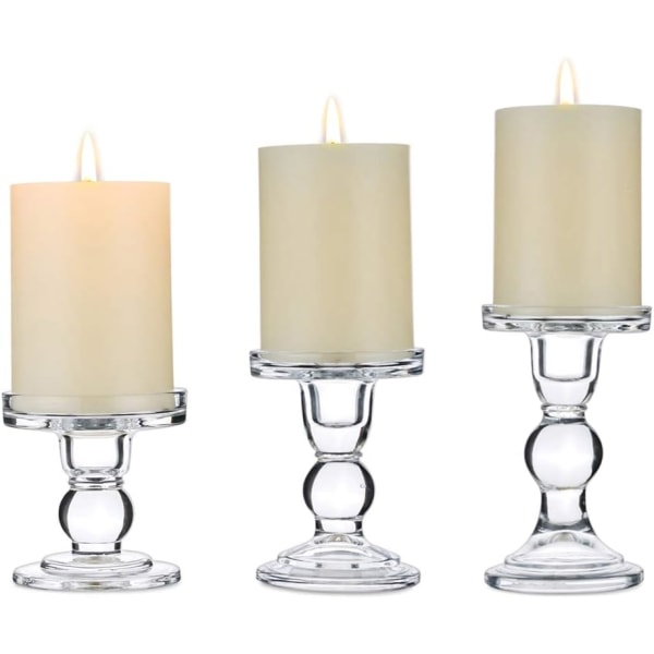 3 Set kirkkaasta lasista valmistettuja kynttilänjalkoja pylväille ja kynttilänjalkakynttilälle