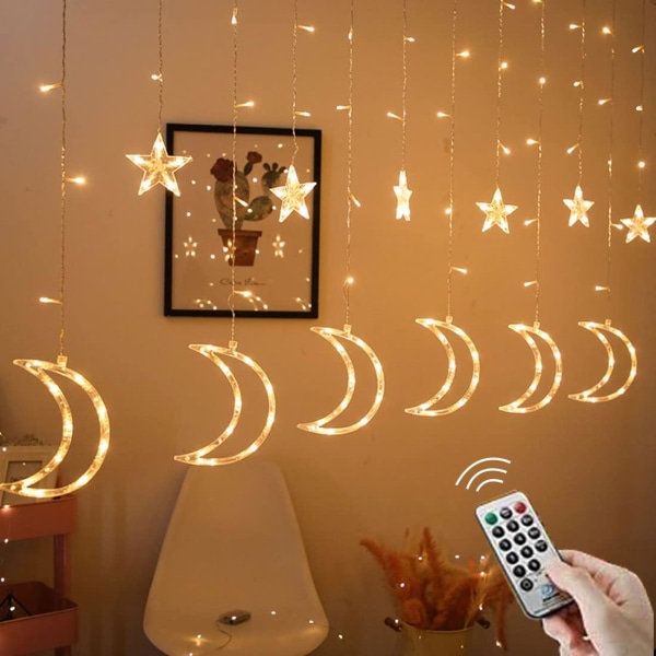 (Yellow) Christmas Window Lights LED Star Moon Curtain Lights,6 M