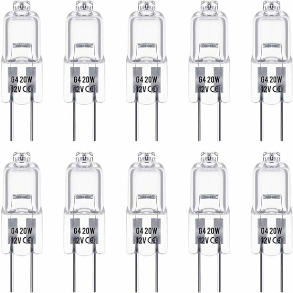 Förpackning med 10 halogenlampor G4, 12V 20W, varmvit 3000K, 350LM, Di