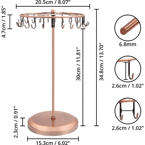 Roterende smykkeholder i kobbermetal (23 kroge) - H34,8 x B20.