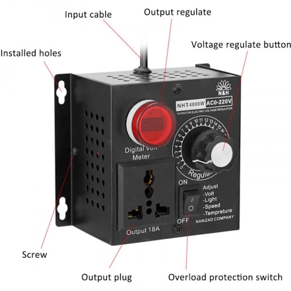 SCR stegløs spenningsregulator med indikatorlys, dimming, spe