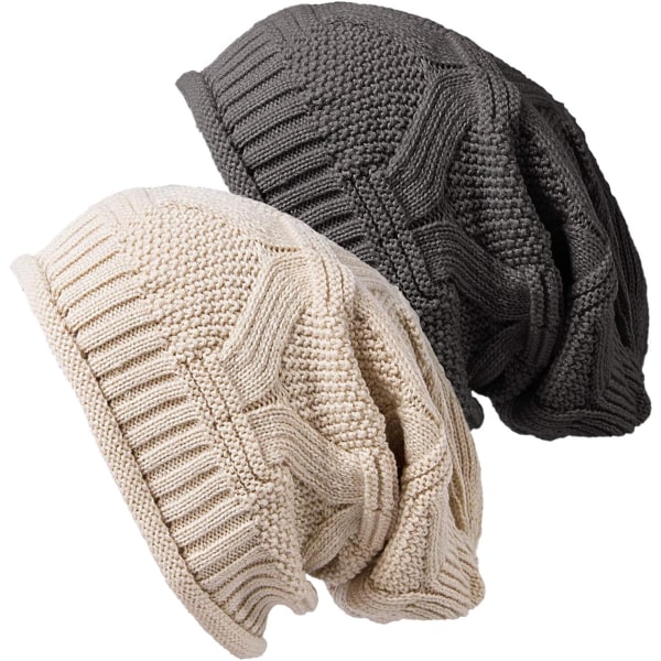2 stk. Dame Vinterhue med Pompom, Varm Strikket Hue med Fleece