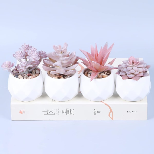 4 st konstgjorda suckulenta växter, mini falsk växtkruka med vit