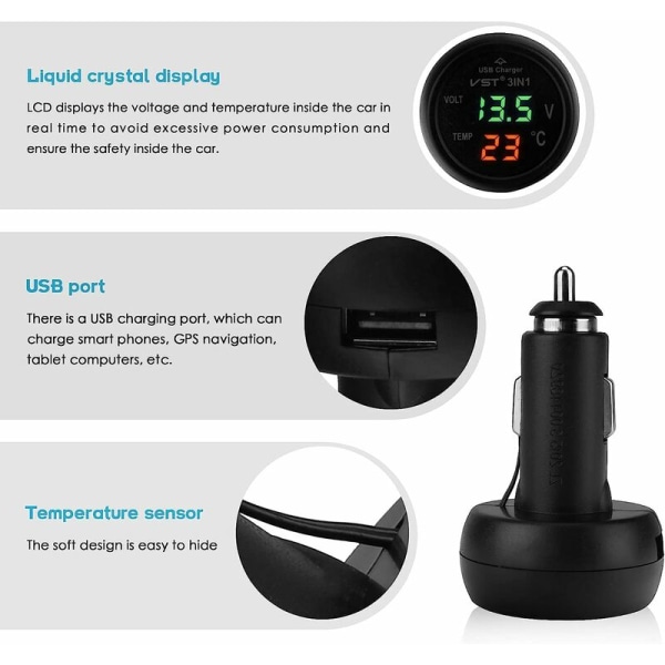 Bil voltmeter, 3 i 1 USB 5V 2A hurtiglading, bil digital voltmeter